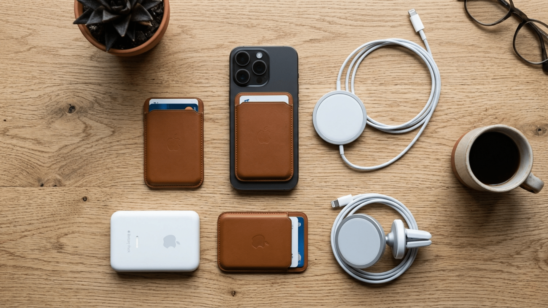 Collection of MagSafe accessories including charger wallet power bank and mount on table
