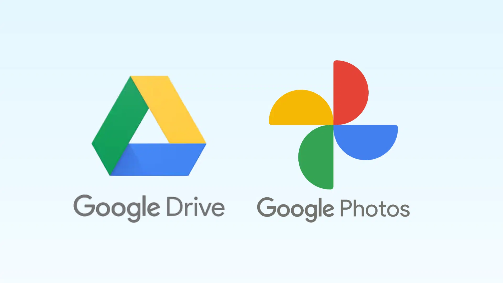 Color logos for Google Drive and Google Photos displayed side-by-side on a light blue background
