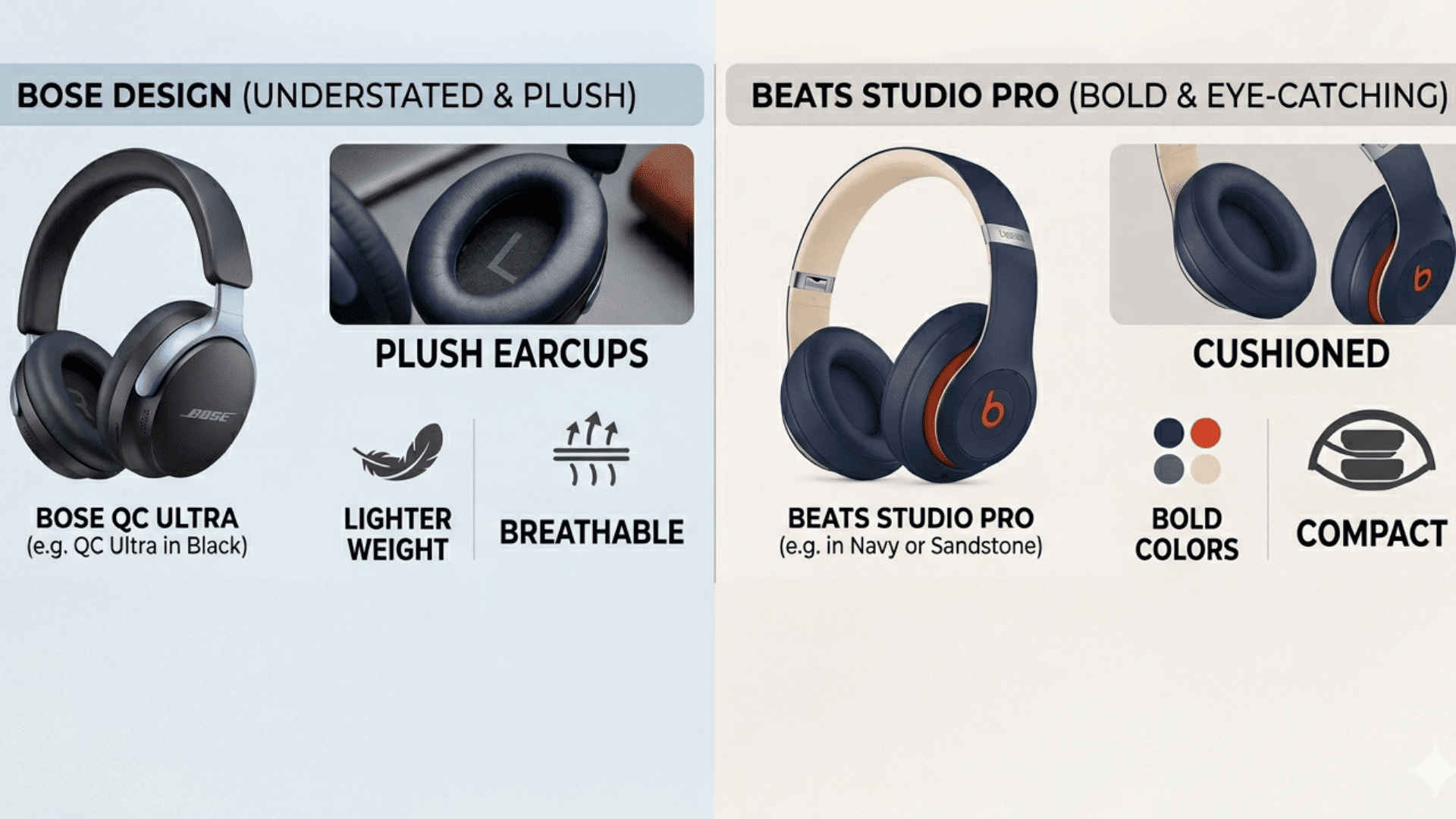 Comparison of Bose QC Ultra and Beats Studio Pro headphones, highlighting design, earcup comfort, weight, colors, and portability features
