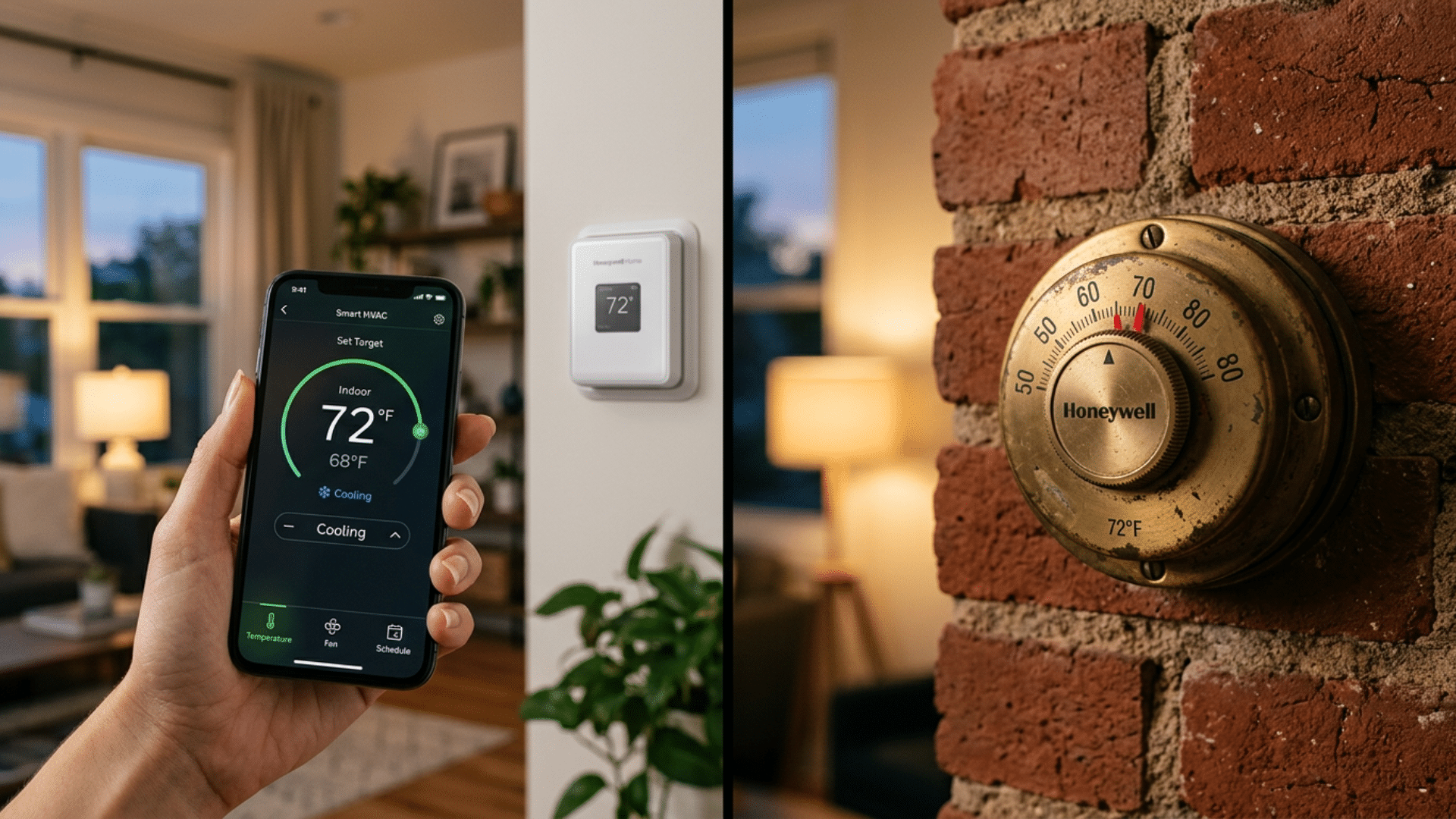Comparison of smart HVAC system with app control versus traditional manual thermostat system