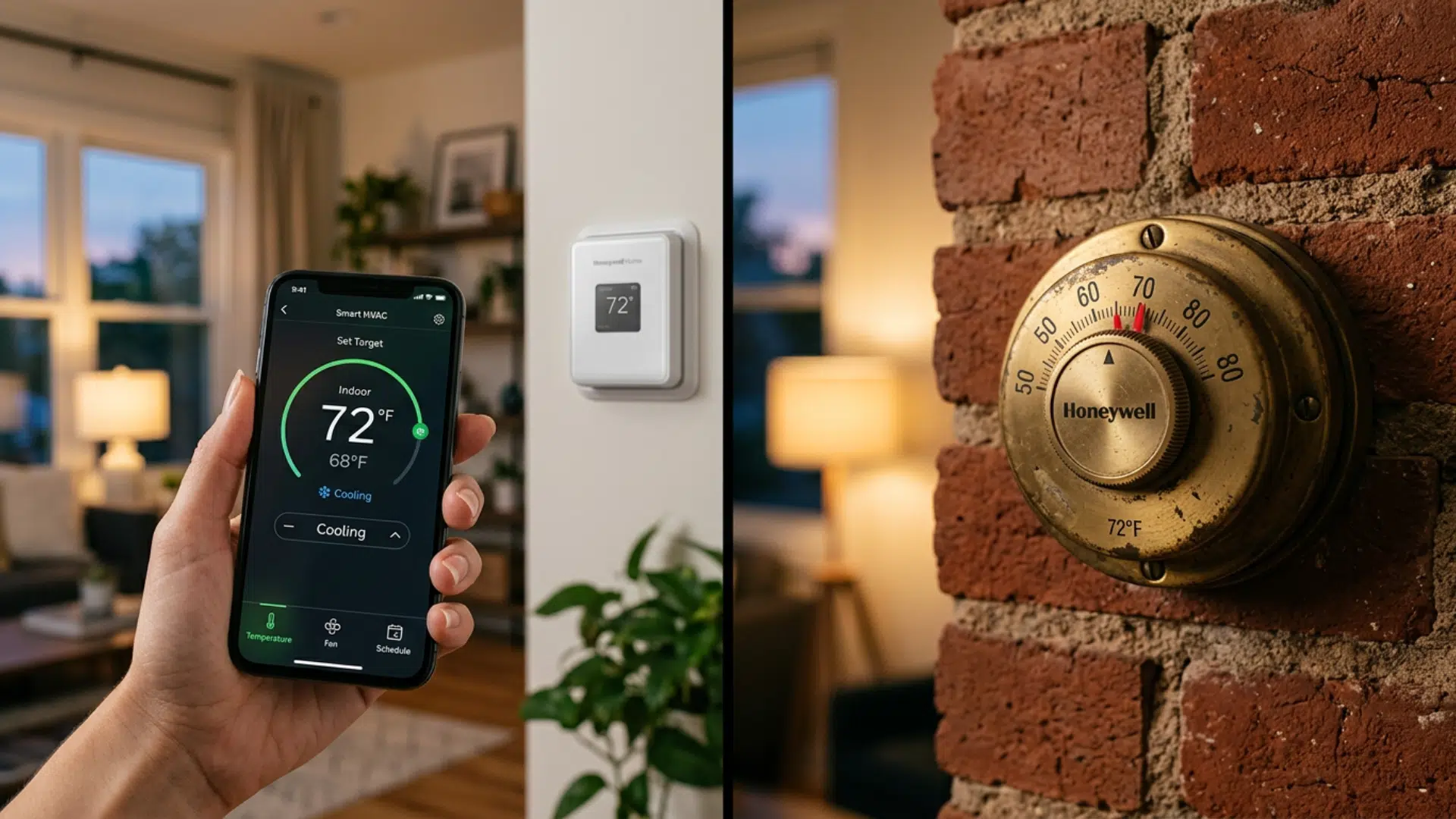 Comparison of smart HVAC system with app control versus traditional manual thermostat system