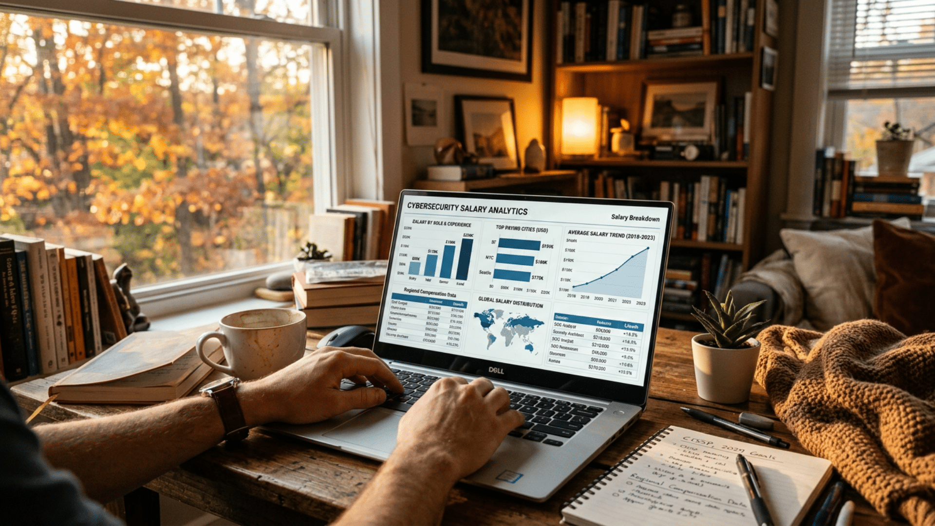 Computer screen displaying cyber security salary charts, graphs, and financial data analysis