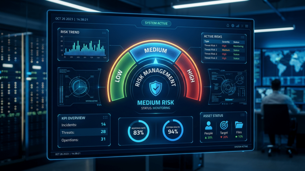 Cyber risk dashboard showing digital network data and financial risk metrics in a modern interface