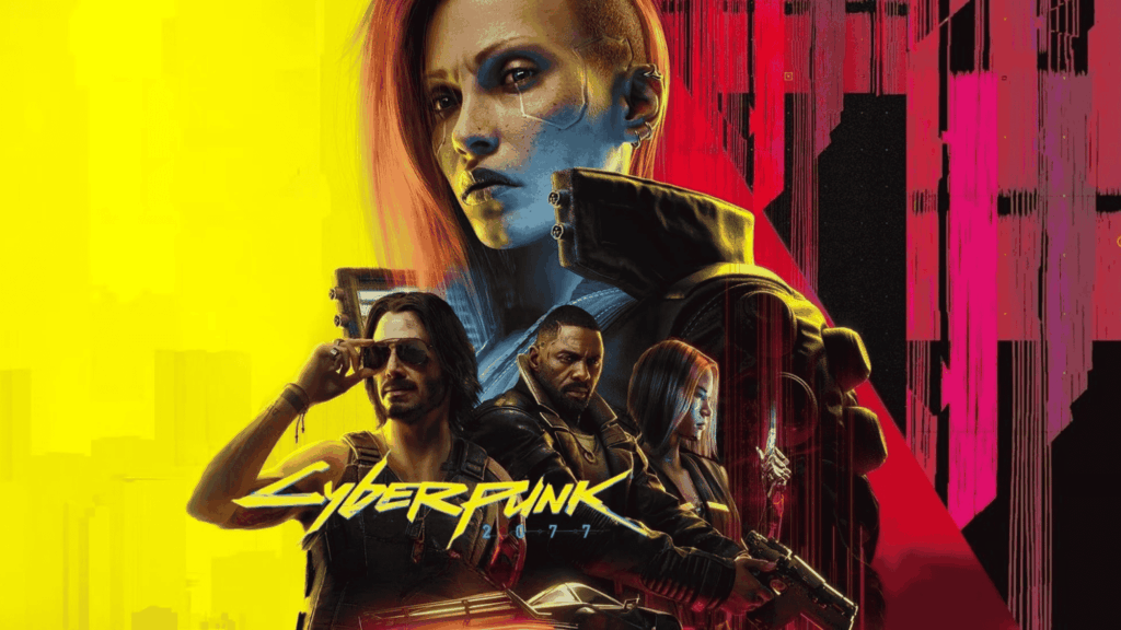 Cyberpunk 2077 poster showing main characters with neon yellow and red background