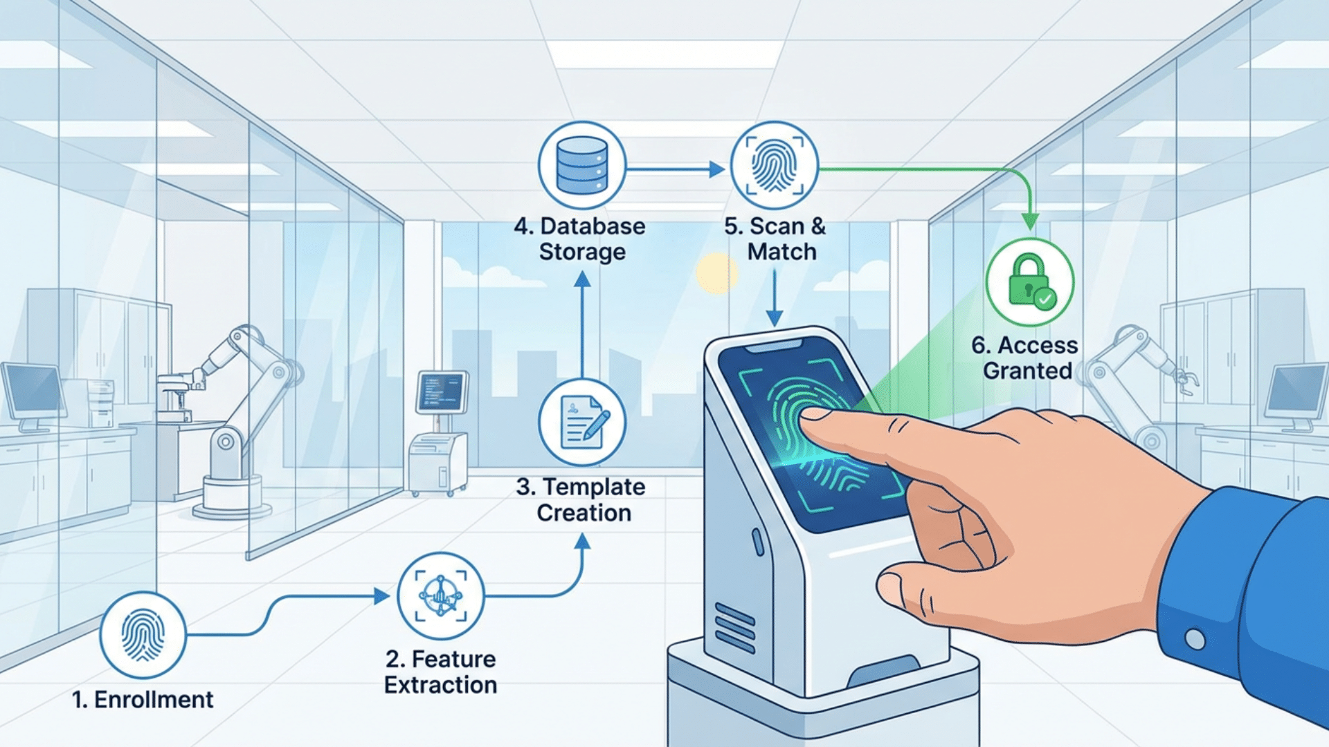 Diagram showing biometric system process from scanning to data matching and access approval