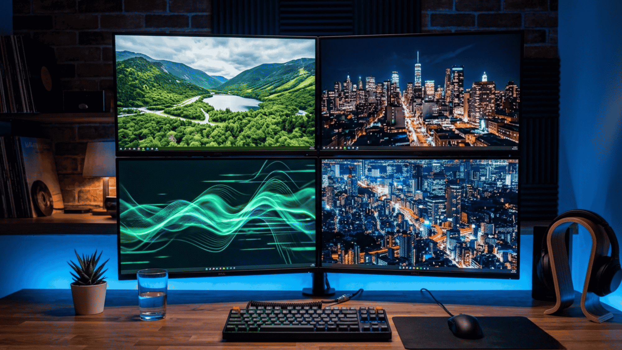 Different 4 monitor layout styles shown in a simple clean setup