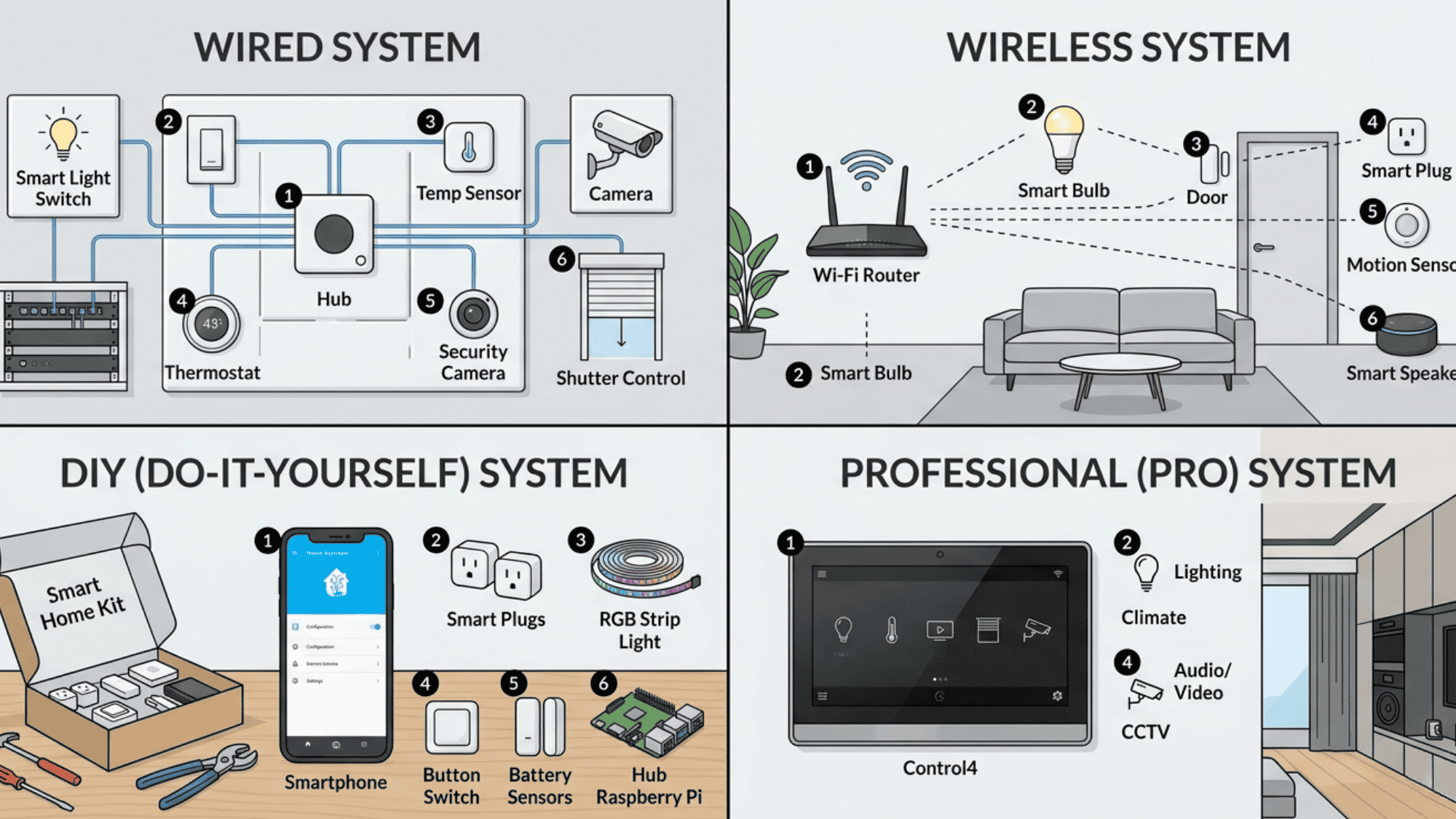 Different types of smart home systems shown in a clean and simple layouts