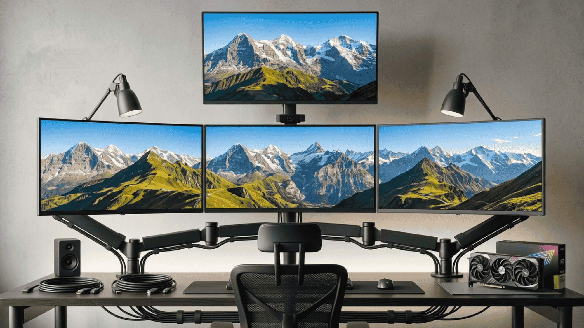 Essential equipment like monitors, cables and arms for a four monitor setup