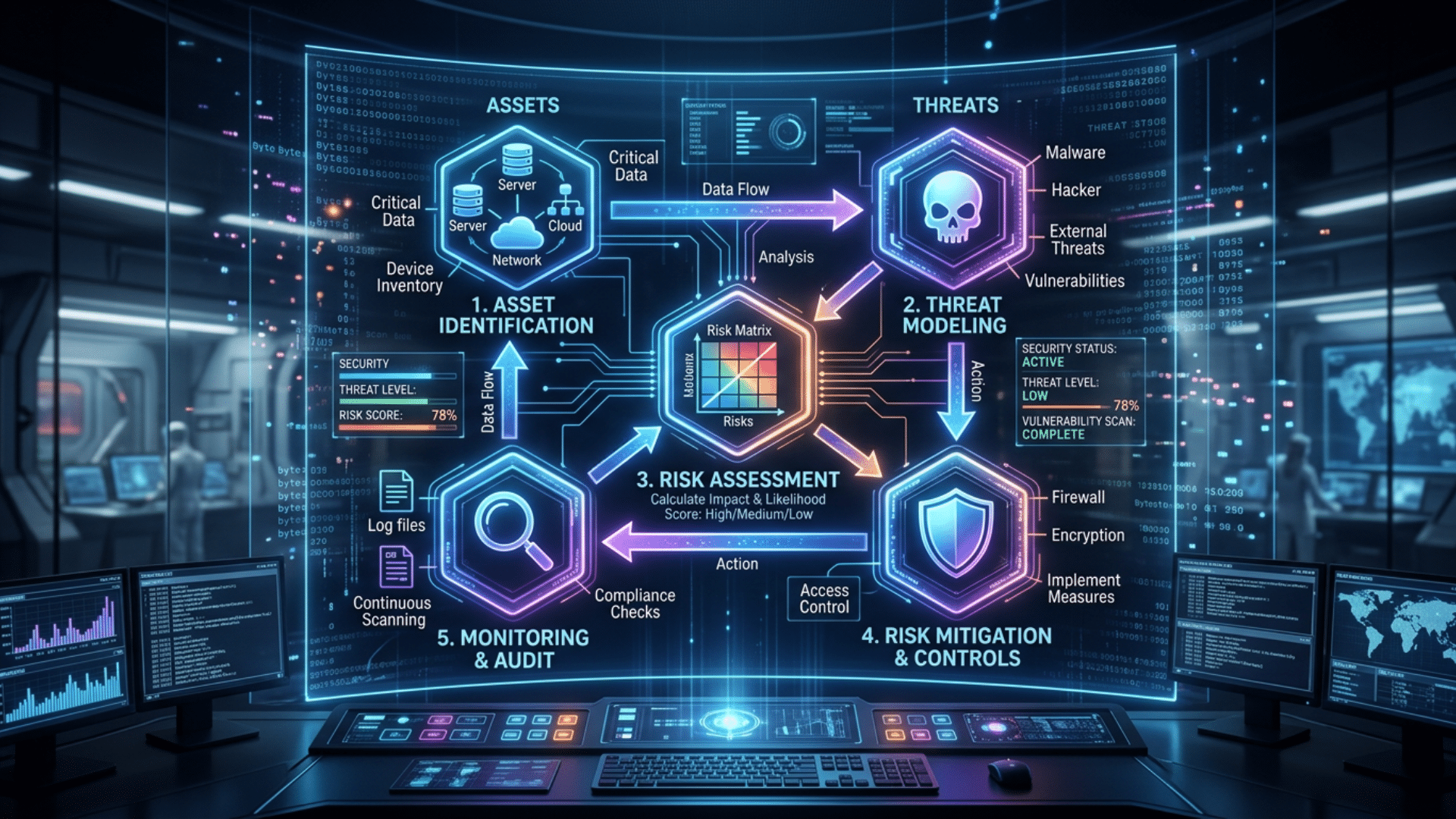 Flowchart showing key steps of IT security assessment including assets, threats, risks, and controls