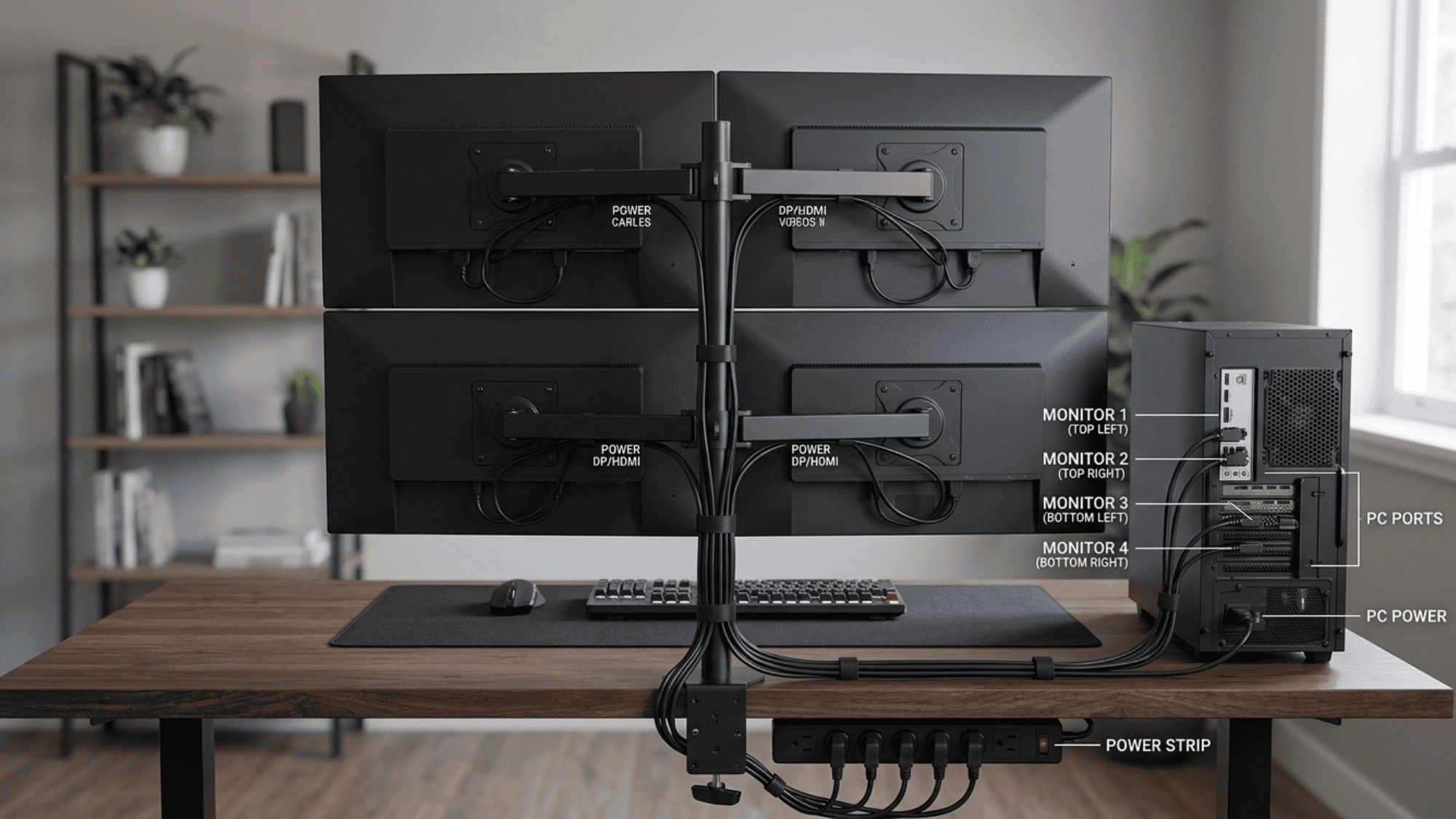 Four monitors connected to a computer with clean cable setup