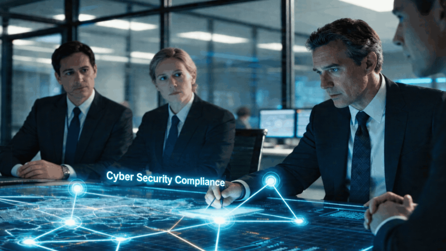 Four professionals in a modern office review a glowing digital network map on a table labeled “Cyber Security Compliance”