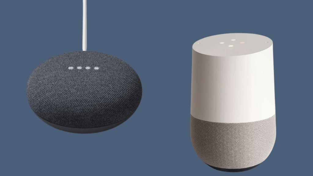 Google Home smart speaker and devices against a dark blue background.