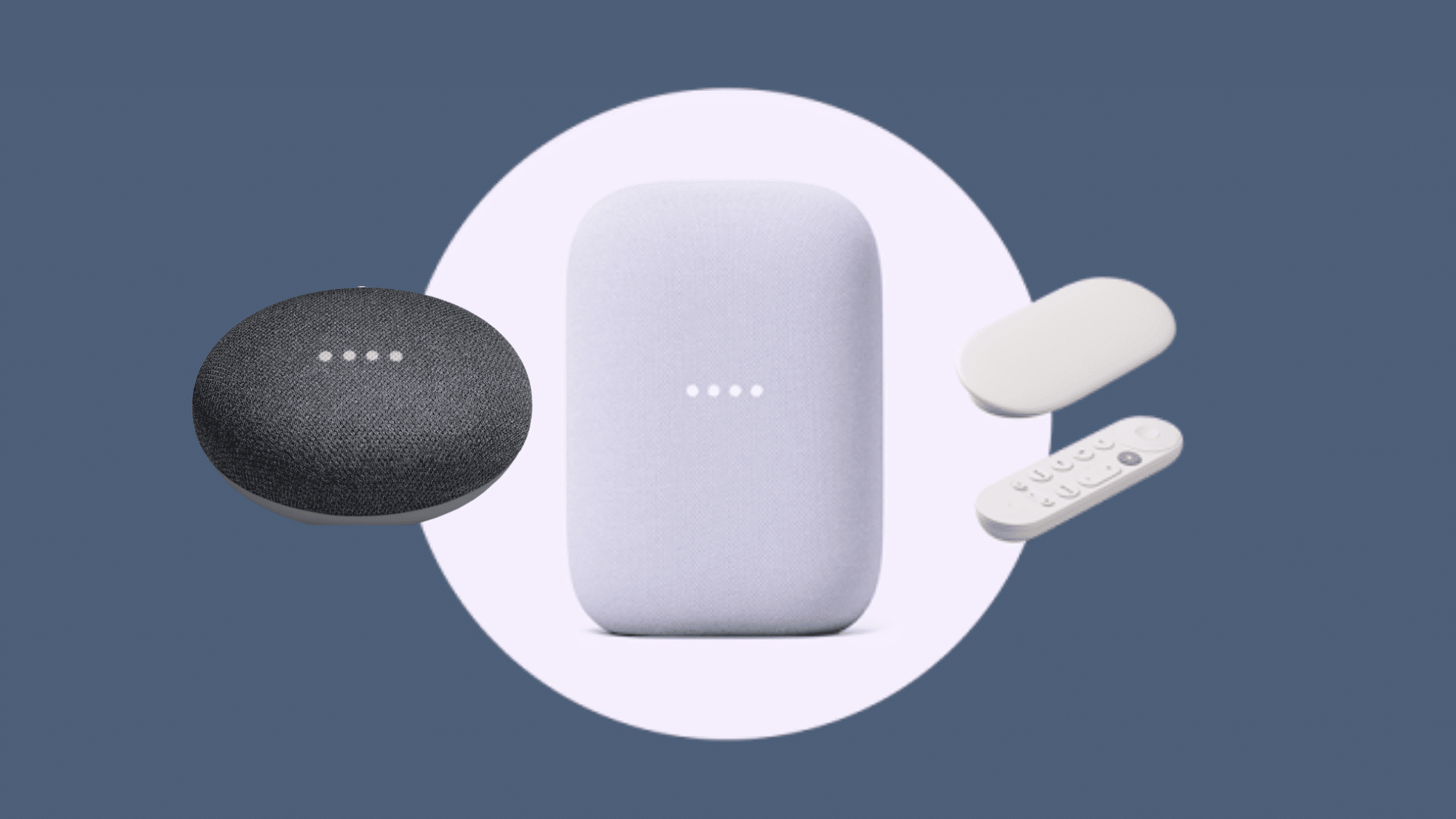 Google Home smart speaker and other devices against a dark blue background.