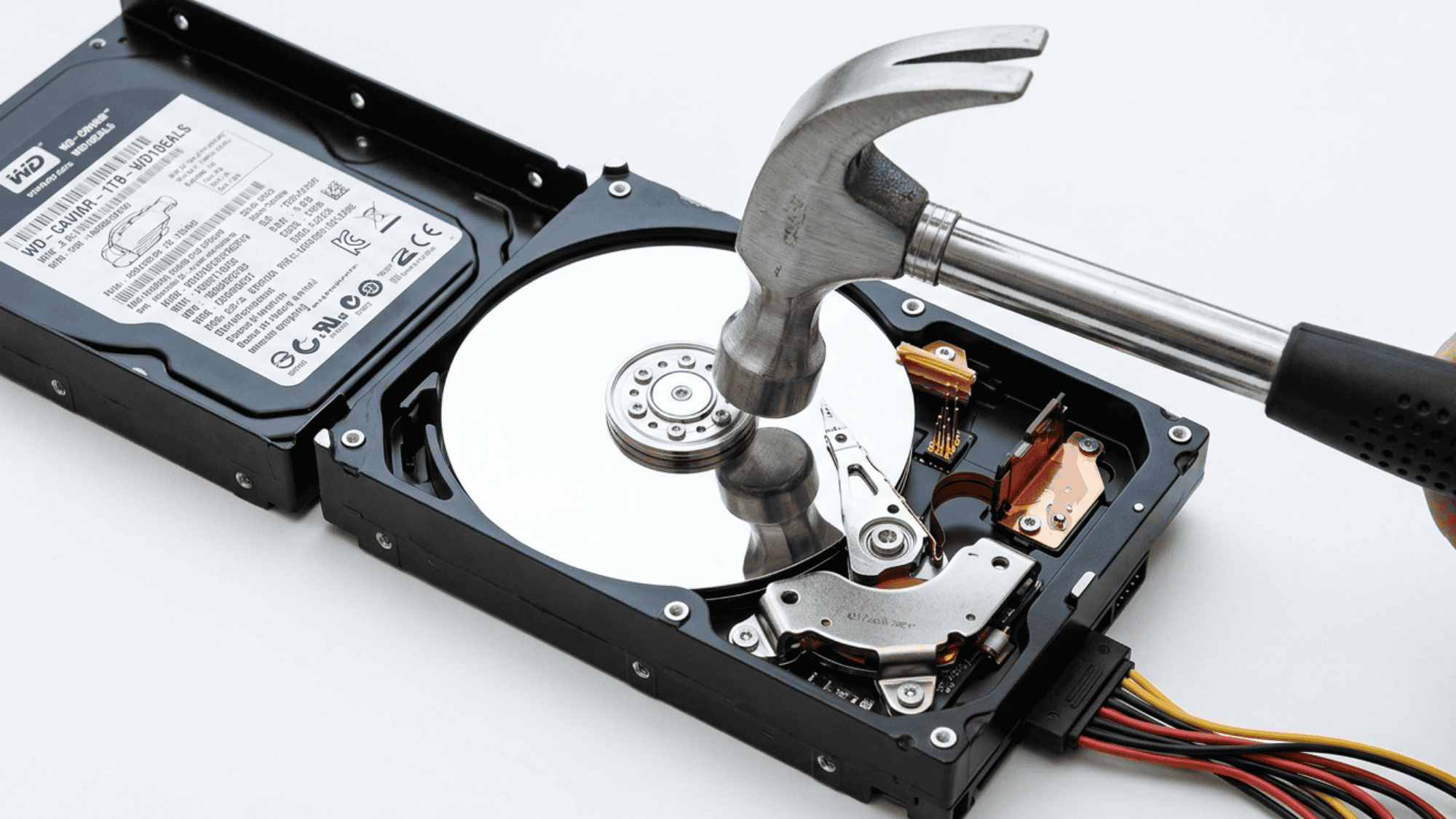 Hammer hitting an open hard drive to destroy data and prevent recovery