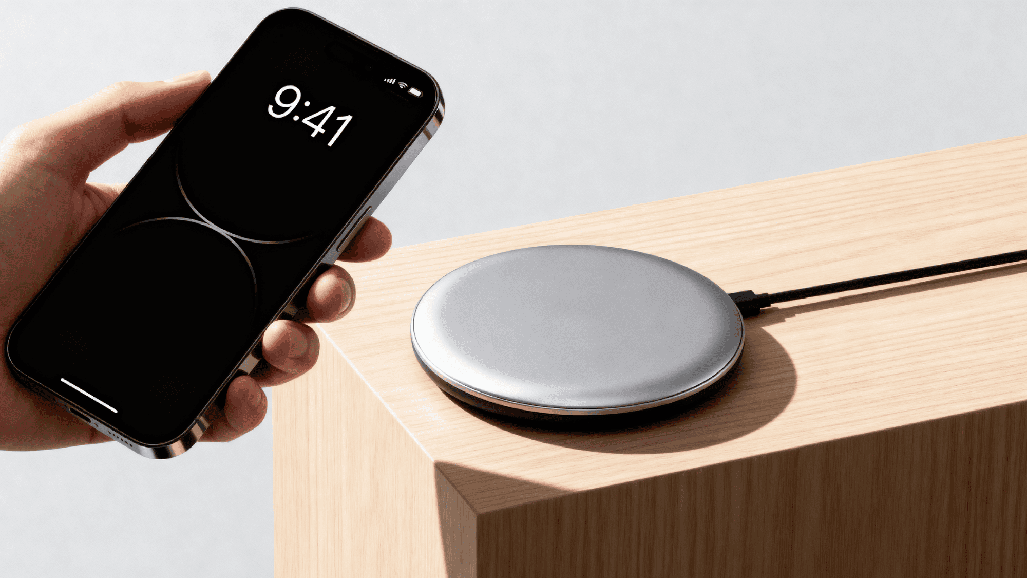 Hand holding iPhone near wireless charging pad placed on a wooden table