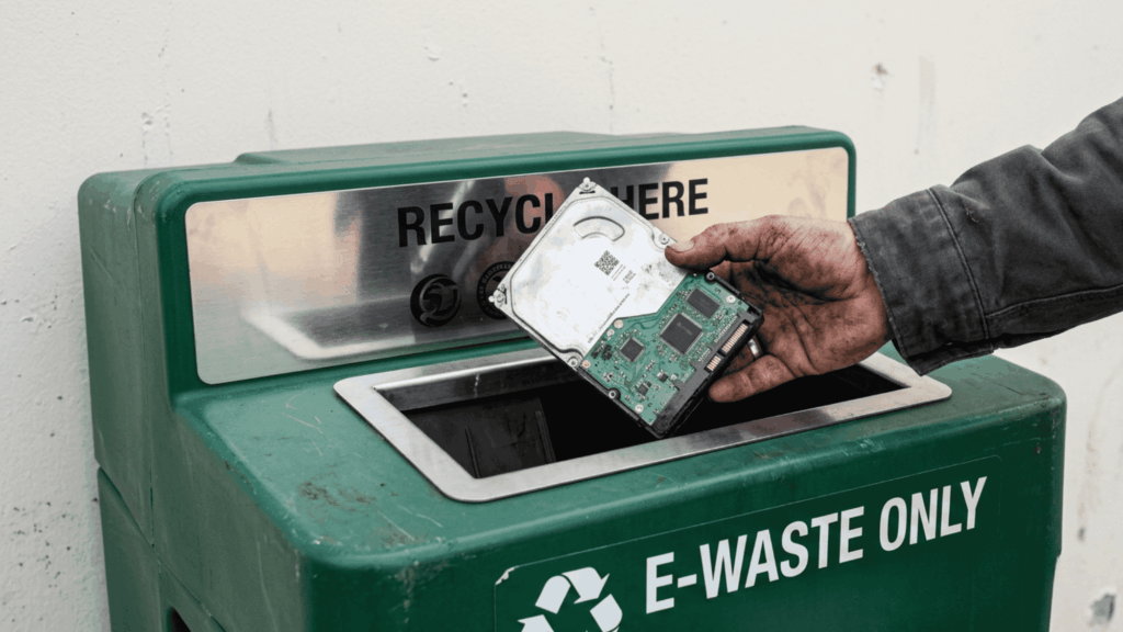 Hand placing a hard drive into an e-waste recycling bin for secure disposal