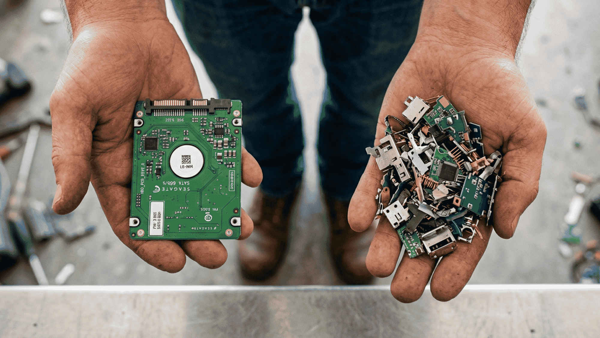 Hands holding hard drive board and shredded electronic parts for secure disposal (1)