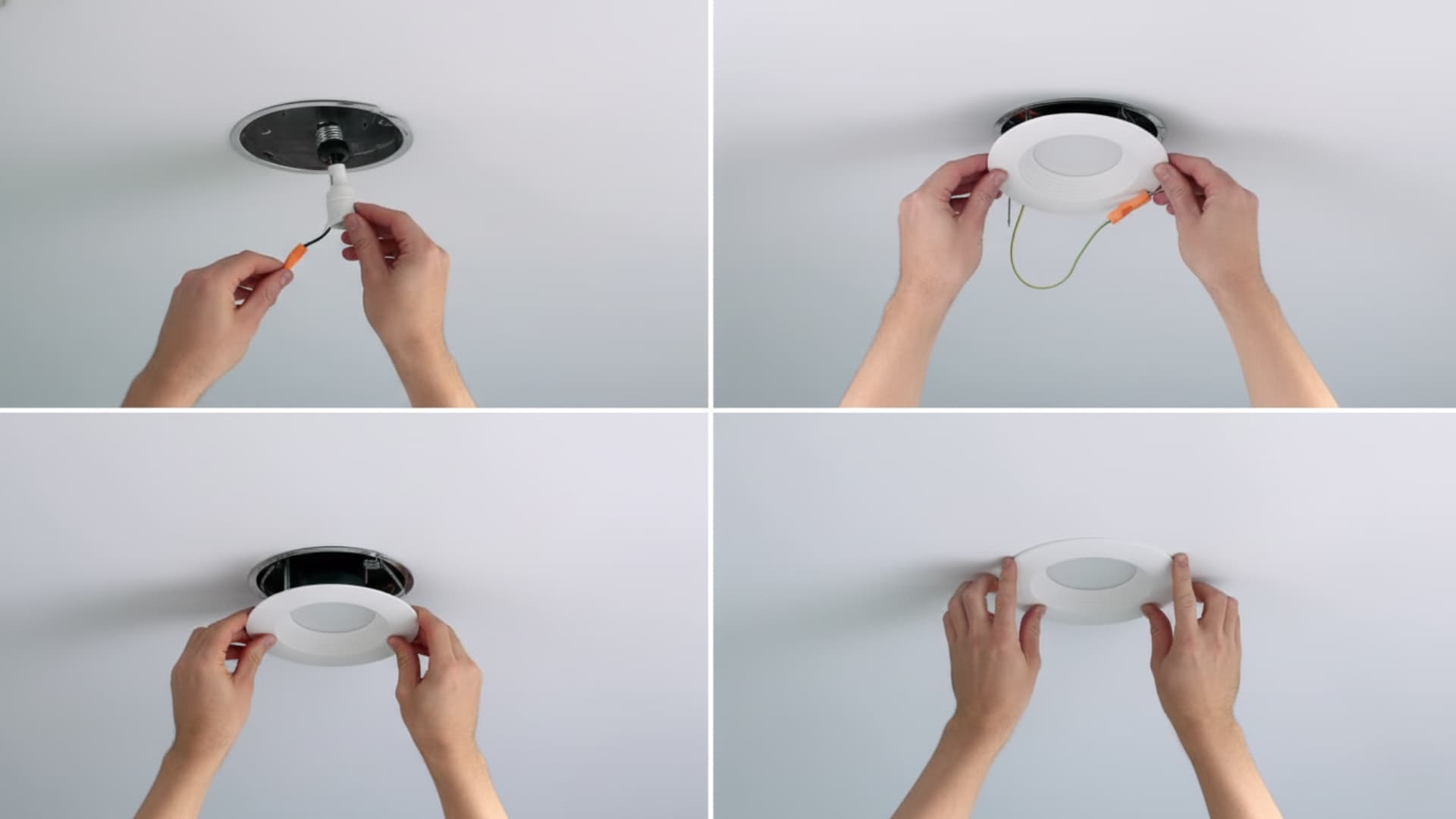 Step-by-step process of installing a recessed ceiling light, showing wiring connection, fixture placement, and final fitting
