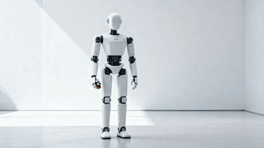 Humanoid robot with human-like body standing indoors holding an object