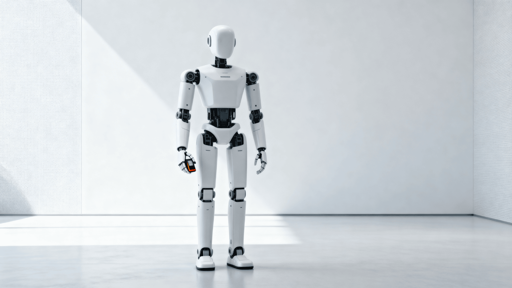 Humanoid robot with human-like body standing indoors holding an object