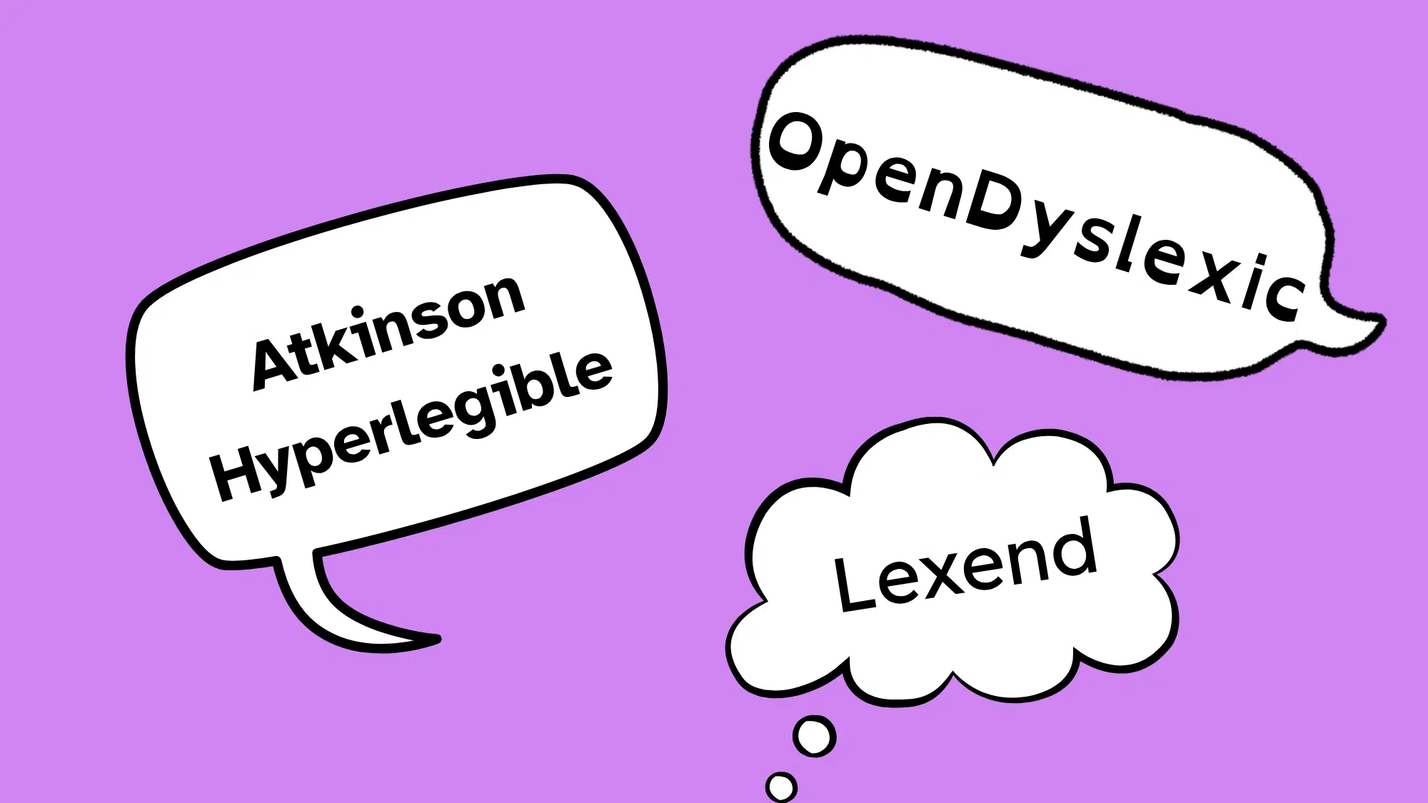 Illustration of Lexend, OpenDyslexic and Atkinson Hyperlegible fonts displayed in speech bubbles.