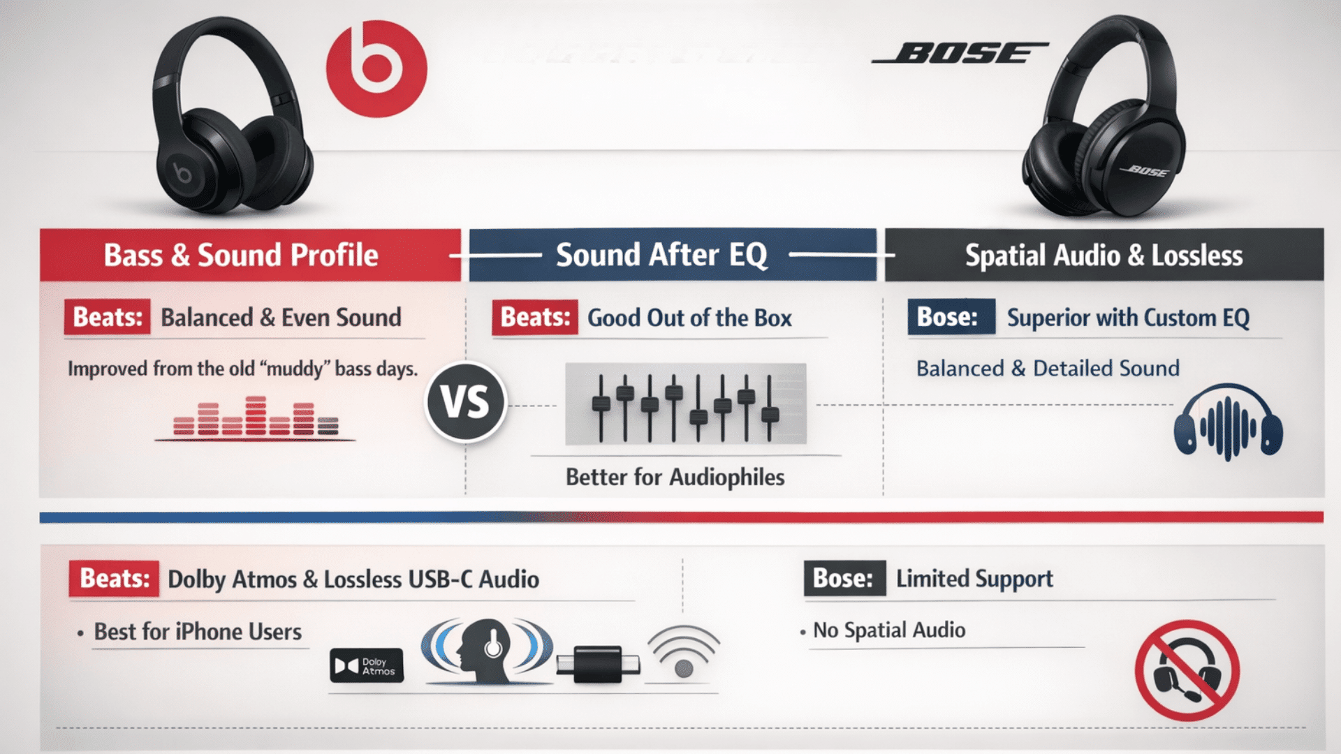 Infographic comparing Beats vs Bose audio balanced sound vs deep bass, EQ customization, and spatial audio differences.