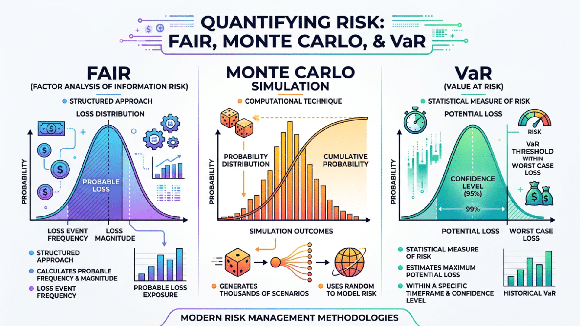 Infographic displaying cyber risk models like FAIR Monte Carlo and Value at Risk with charts
