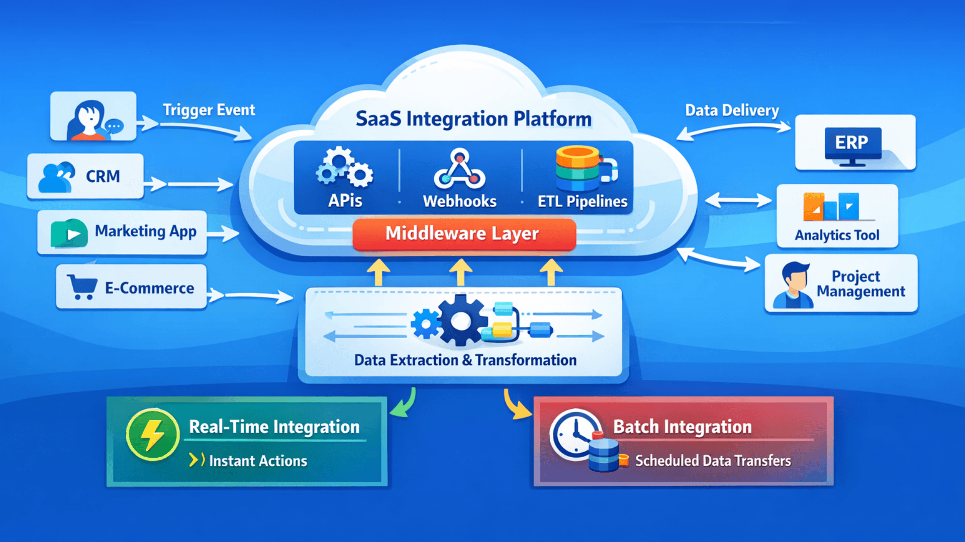 Infographic of SaaS integration platform linking apps via APIs, webhooks, ETL to ERP and analytics with real-time and batch flows