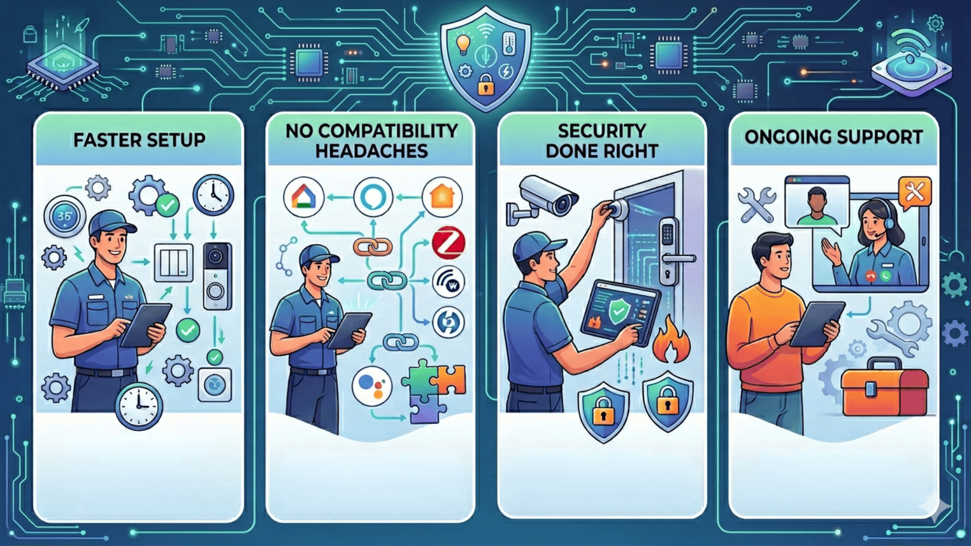 Infographic showing benefits of hiring a smart home installer faster setup, compatibility, security, and ongoing support with tech visuals.
