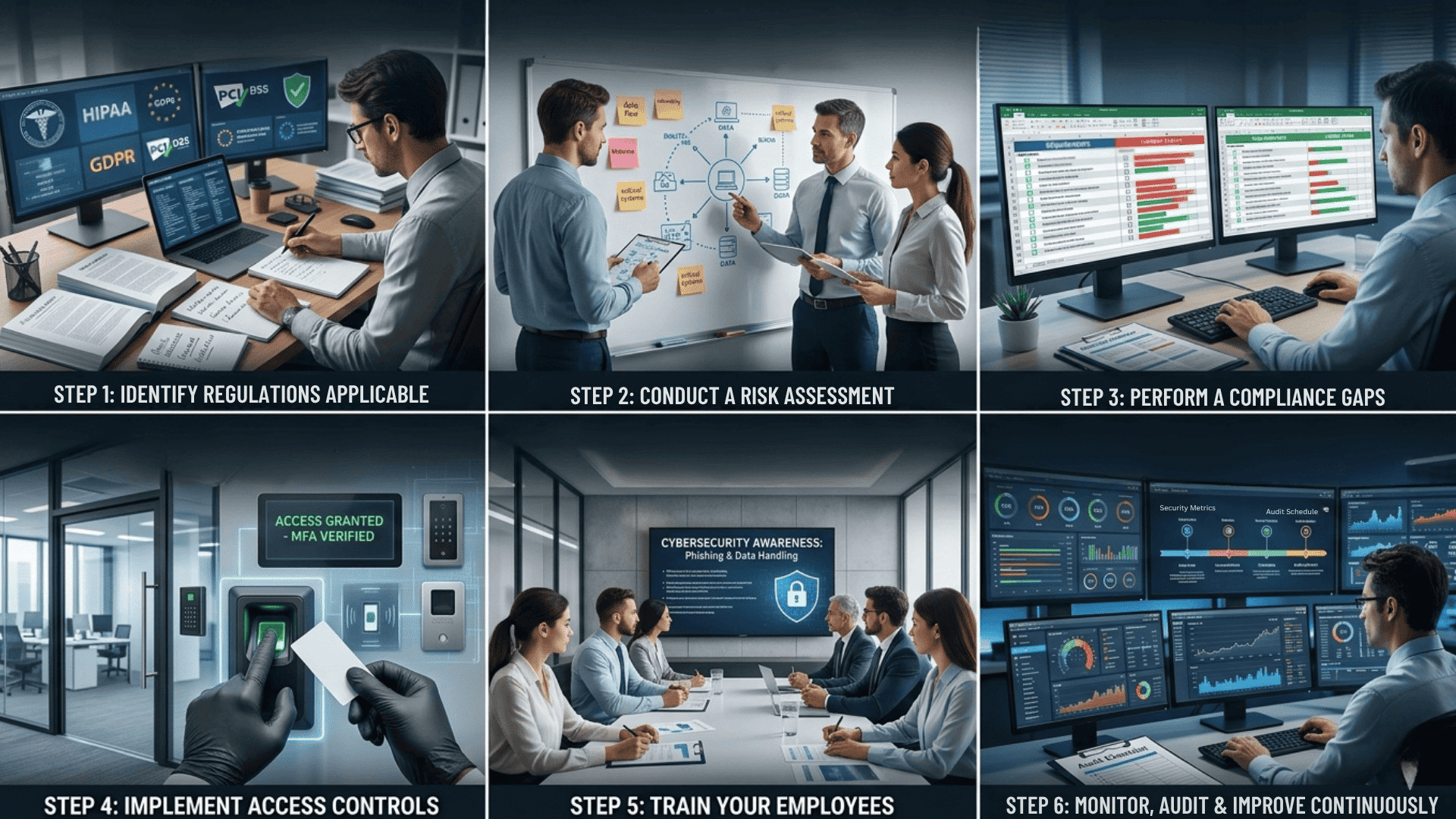 Infographic showing cybersecurity compliance core controls, regulations like HIPAA and GDPR, and industry needs for healthcare, finance, SaaS