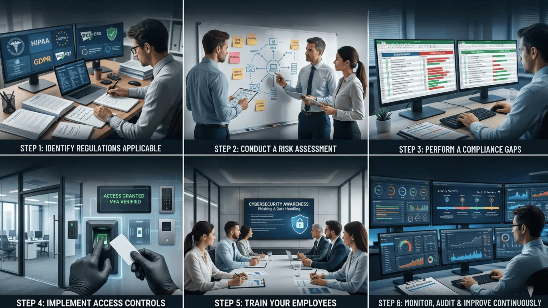Infographic showing cybersecurity compliance core controls, regulations like HIPAA and GDPR, and industry needs for healthcare, finance, SaaS