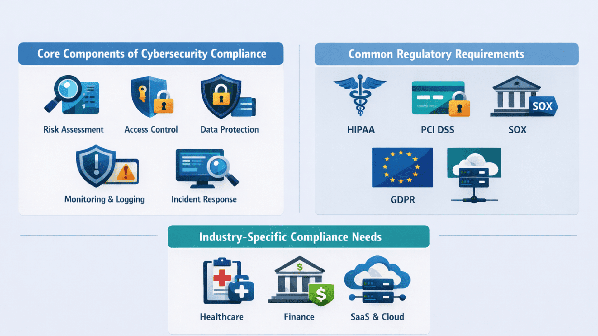 Infographic showing cybersecurity compliance core controls, regulations like HIPAA and GDPR, and industry needs for healthcare, finance, SaaS