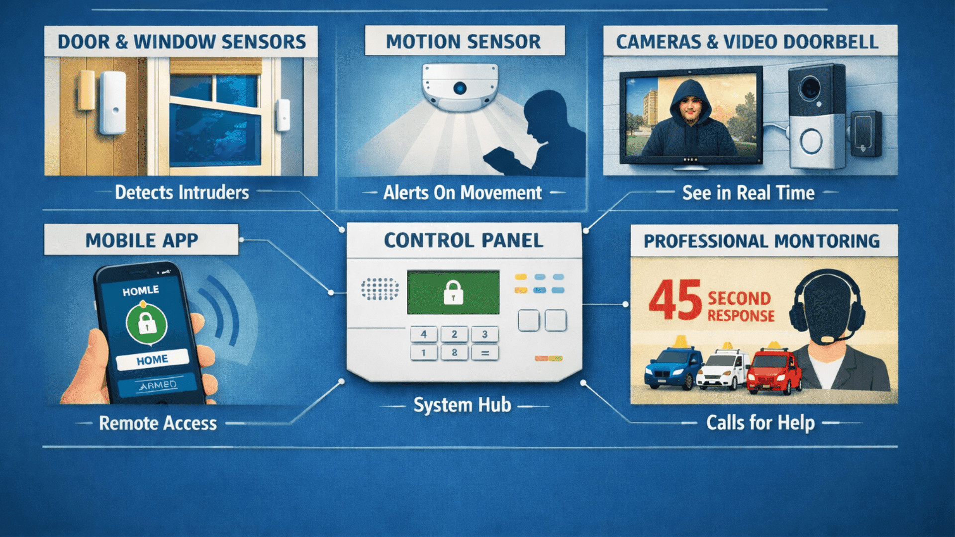 Infographic showing how home security systems work with sensors, cameras, control panel, mobile app, and monitoring response system.