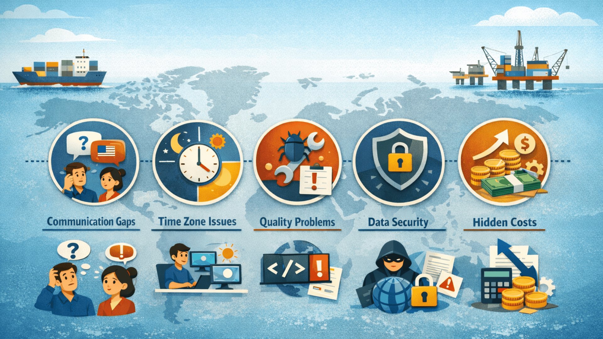 Infographic showing offshore risks with icons communication gaps, time zones, quality issues, data security, and hidden costs