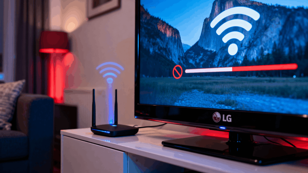 LG TV showing WiFi disconnect error with red warning bar, router nearby, illustrating unstable internet connection in a living room setup