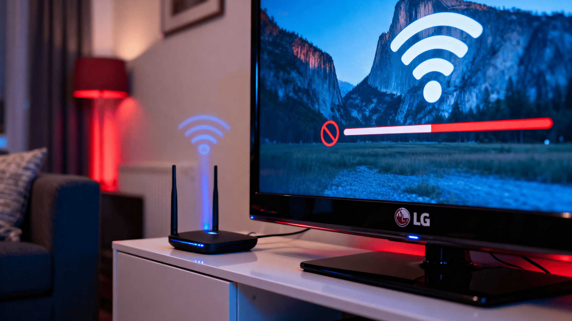 LG TV showing WiFi disconnect error with red warning bar, router nearby, illustrating unstable internet connection in a living room setup
