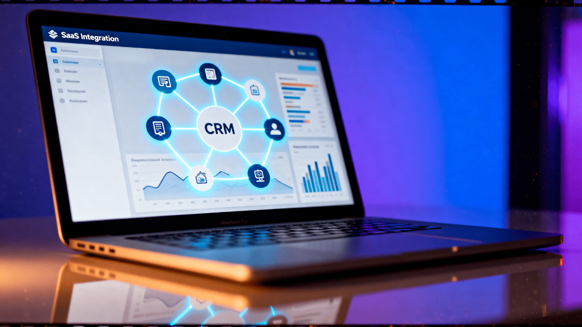 Laptop displaying SaaS integration dashboard with CRM hub, connected apps, charts, and analytics on a modern blue-purple gradient background.