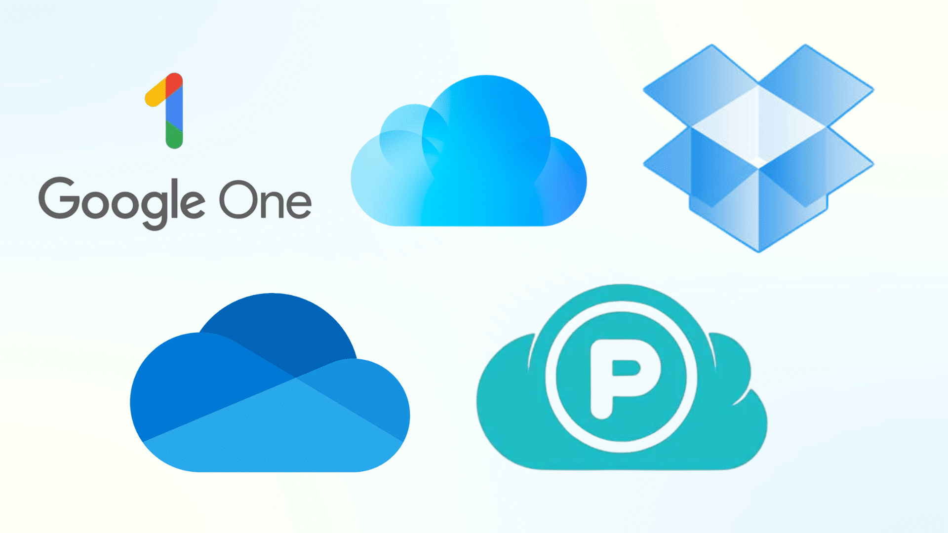 Logos for Google One, Dropbox, iCloud, and pCloud are displayed against a white background in a comparison graphic