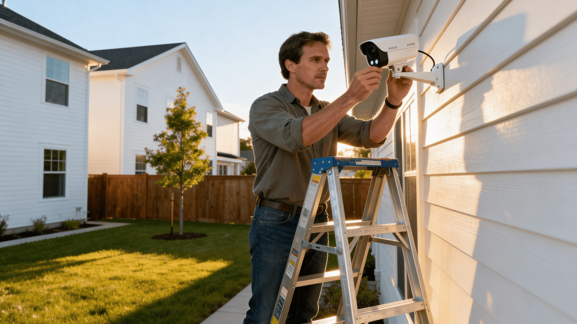 Man on ladder installing outdoor security camera on house exterior in suburban backyard during warm daylight setting