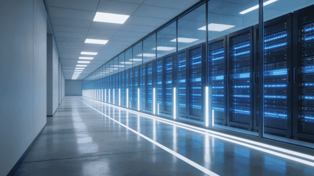 Modern data center hallway with illuminated server racks behind glass panels