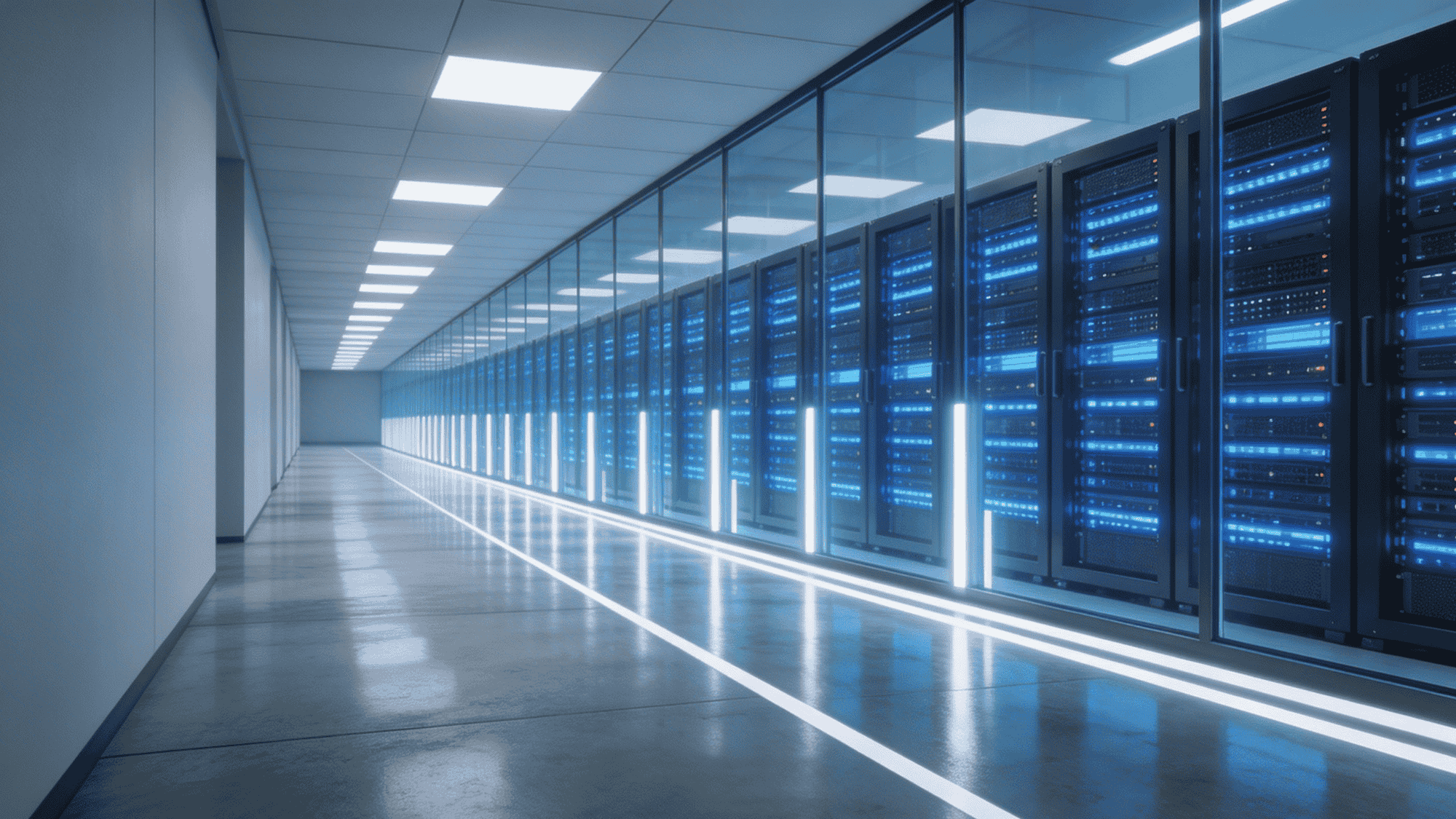 Modern data center hallway with illuminated server racks behind glass panels