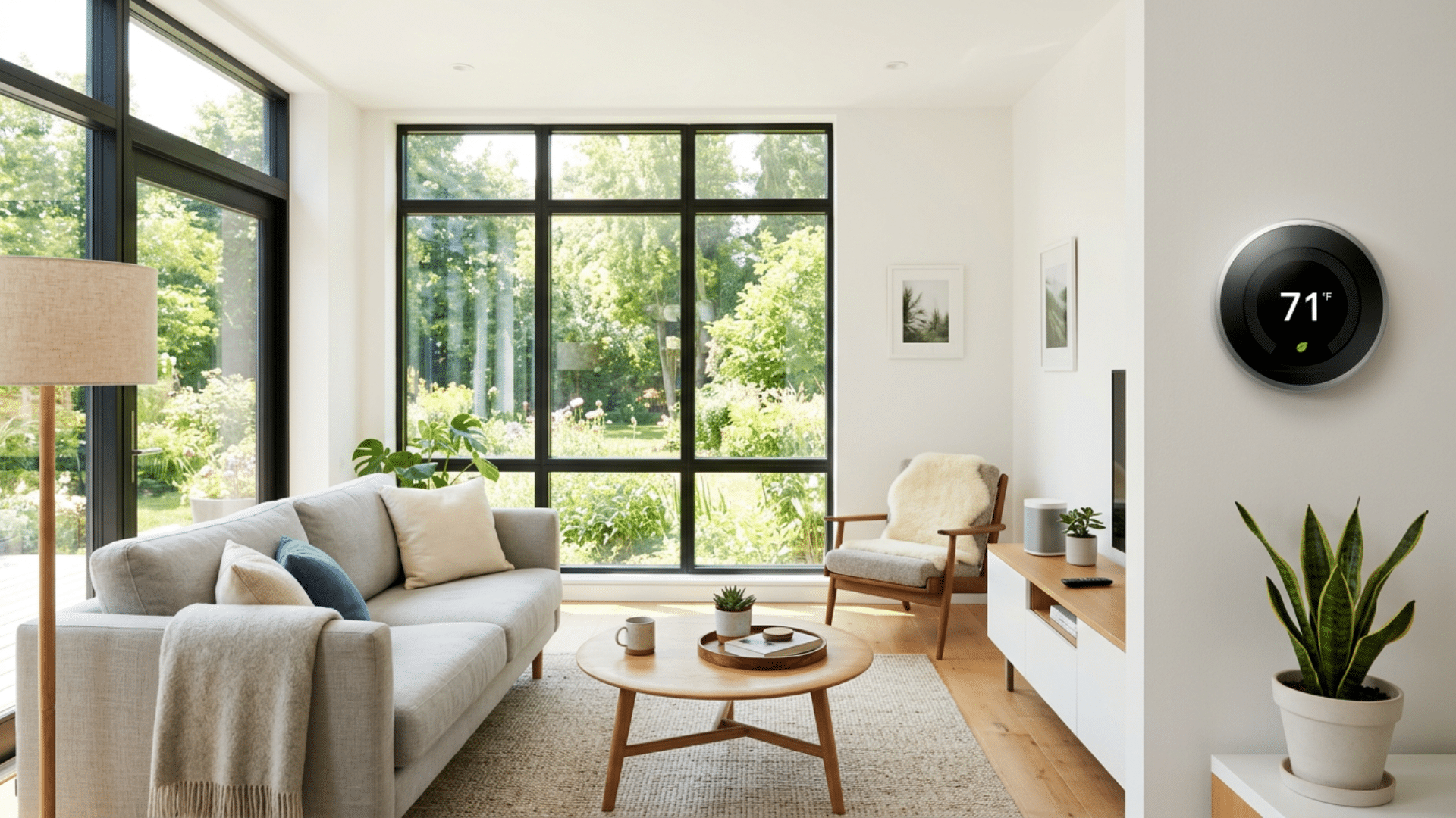 Modern living room with smart thermostat displaying temperature control for home HVAC system