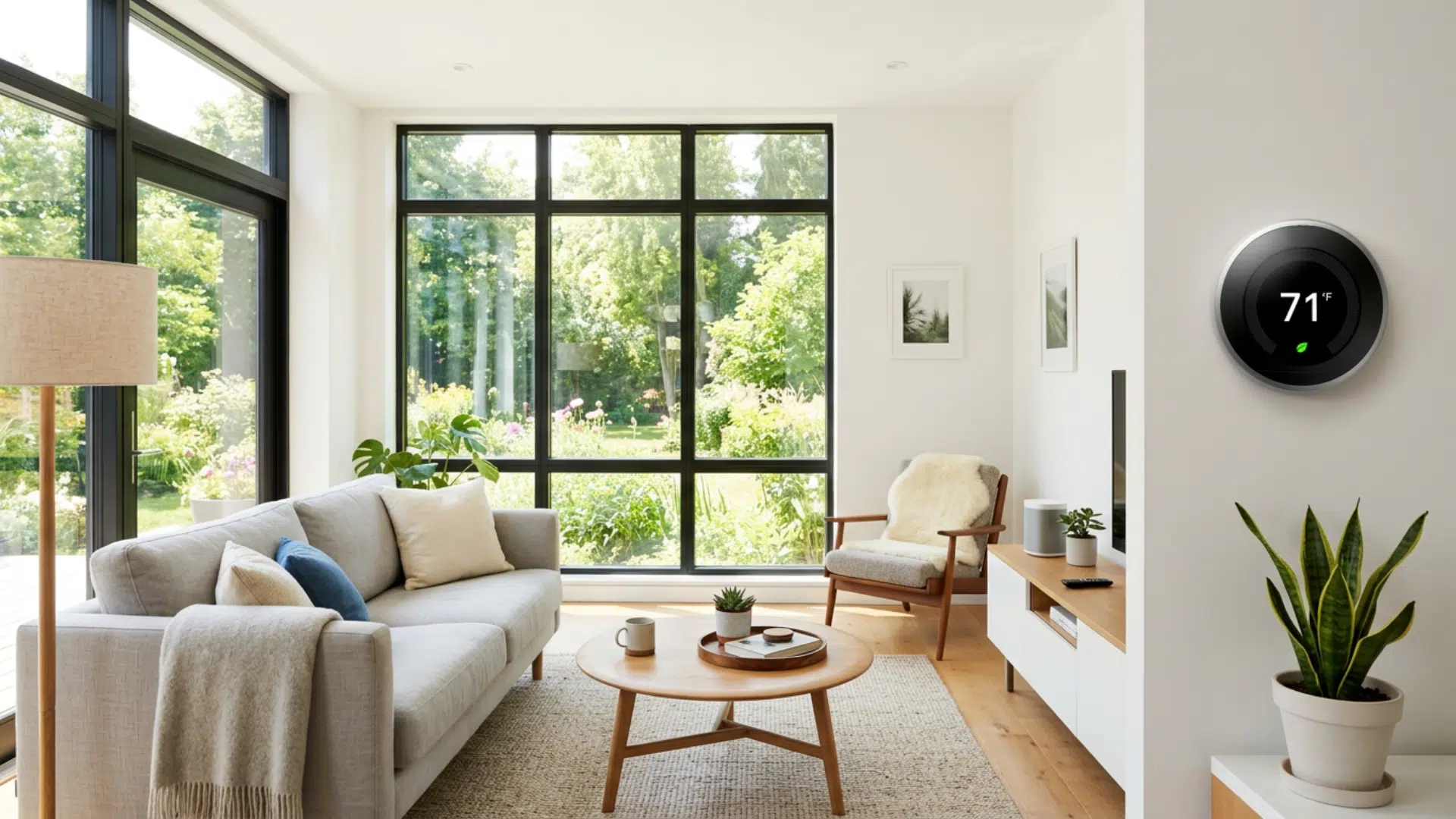 Modern living room with smart thermostat displaying temperature control for home HVAC system