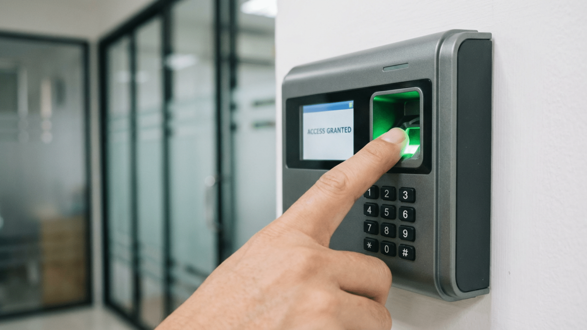 Modern office entrance using biometric access system for secure and controlled entry management