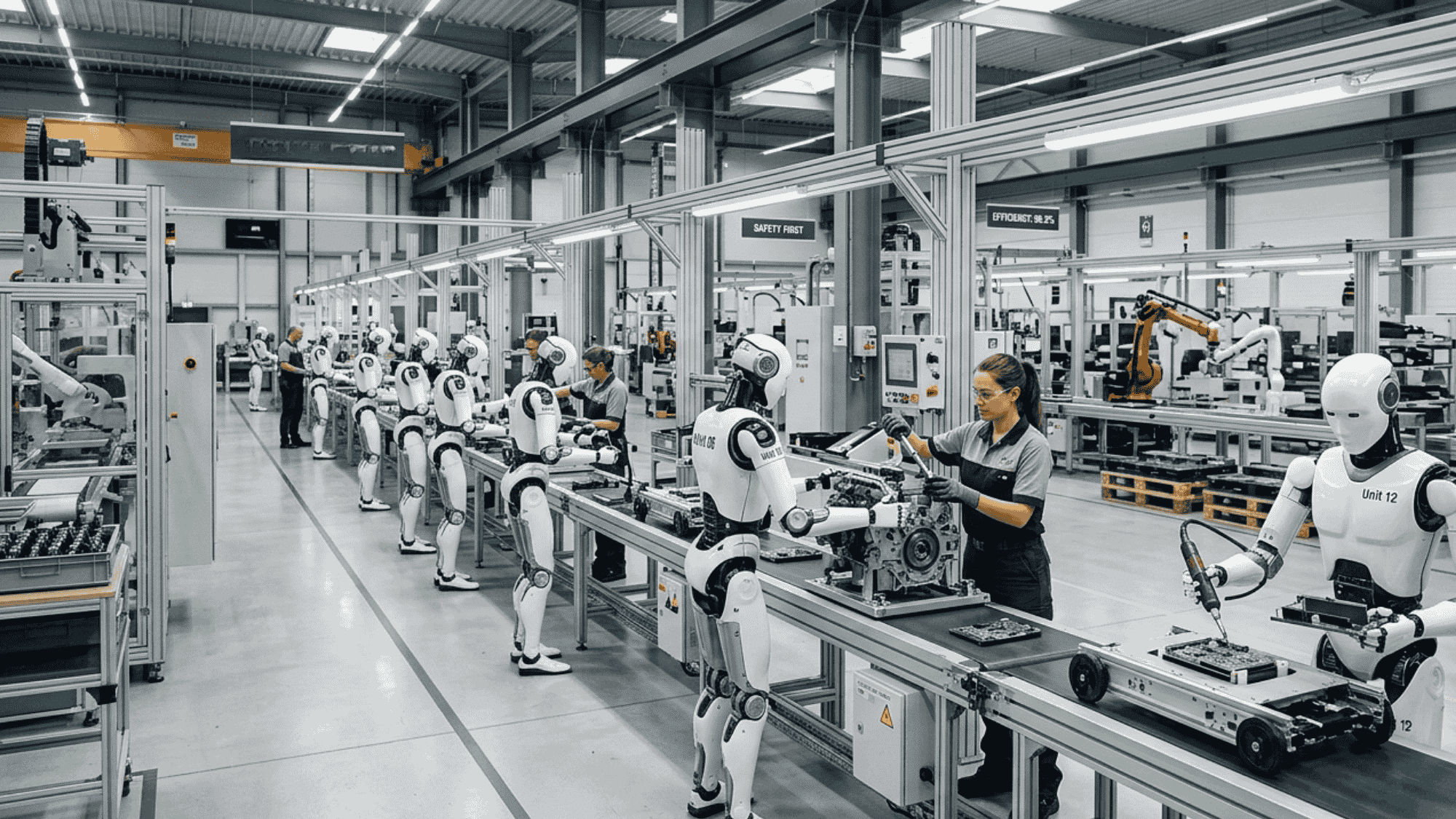 Multiple humanoid robots working together in a modern factory setting