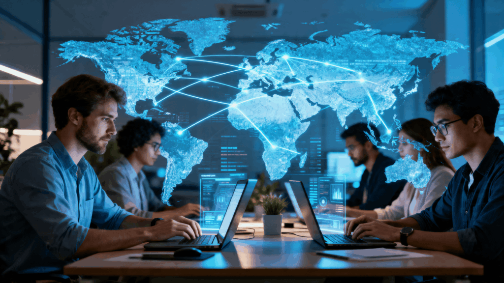 Offshore software development team collaborating globally with world map connections and developers working on laptops in modern office