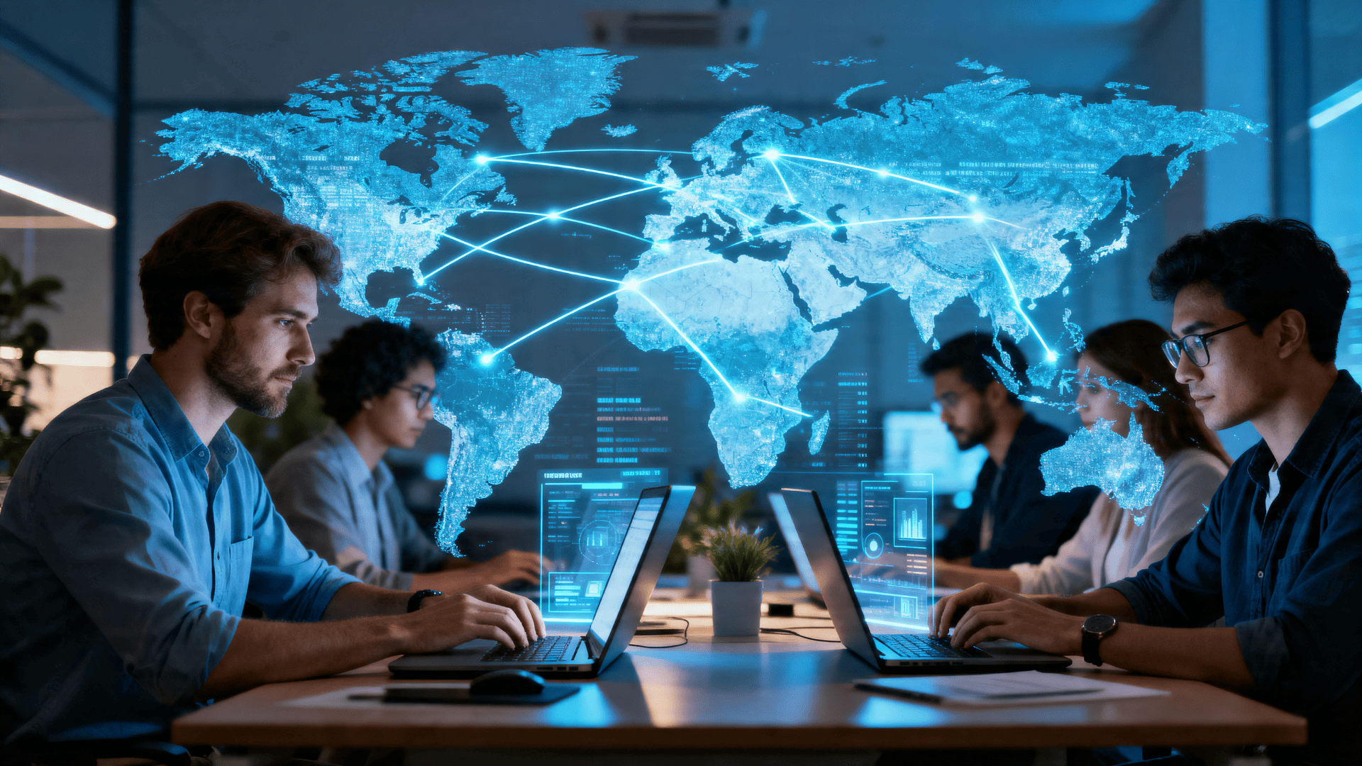 Offshore software development team collaborating globally with world map connections and developers working on laptops in modern office