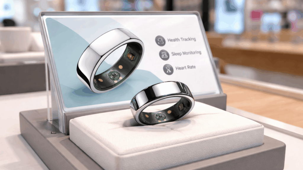 Oura Ring smart ring displayed on retail stand with visible health tracking, sleep monitoring, and heart rate features in store setting (1)