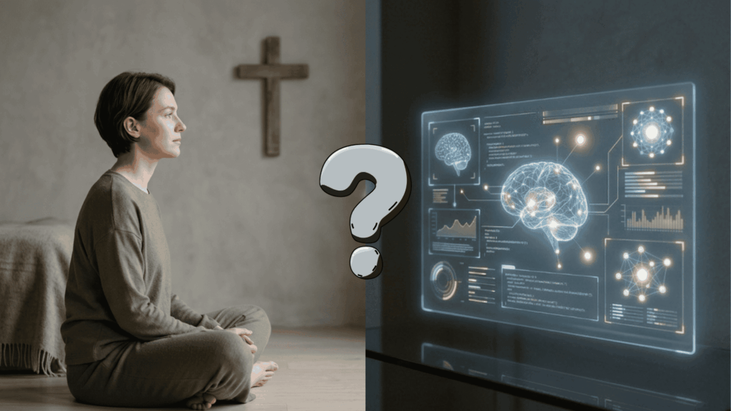 Person comparing AI and religious idea of Antichrist with a question mark