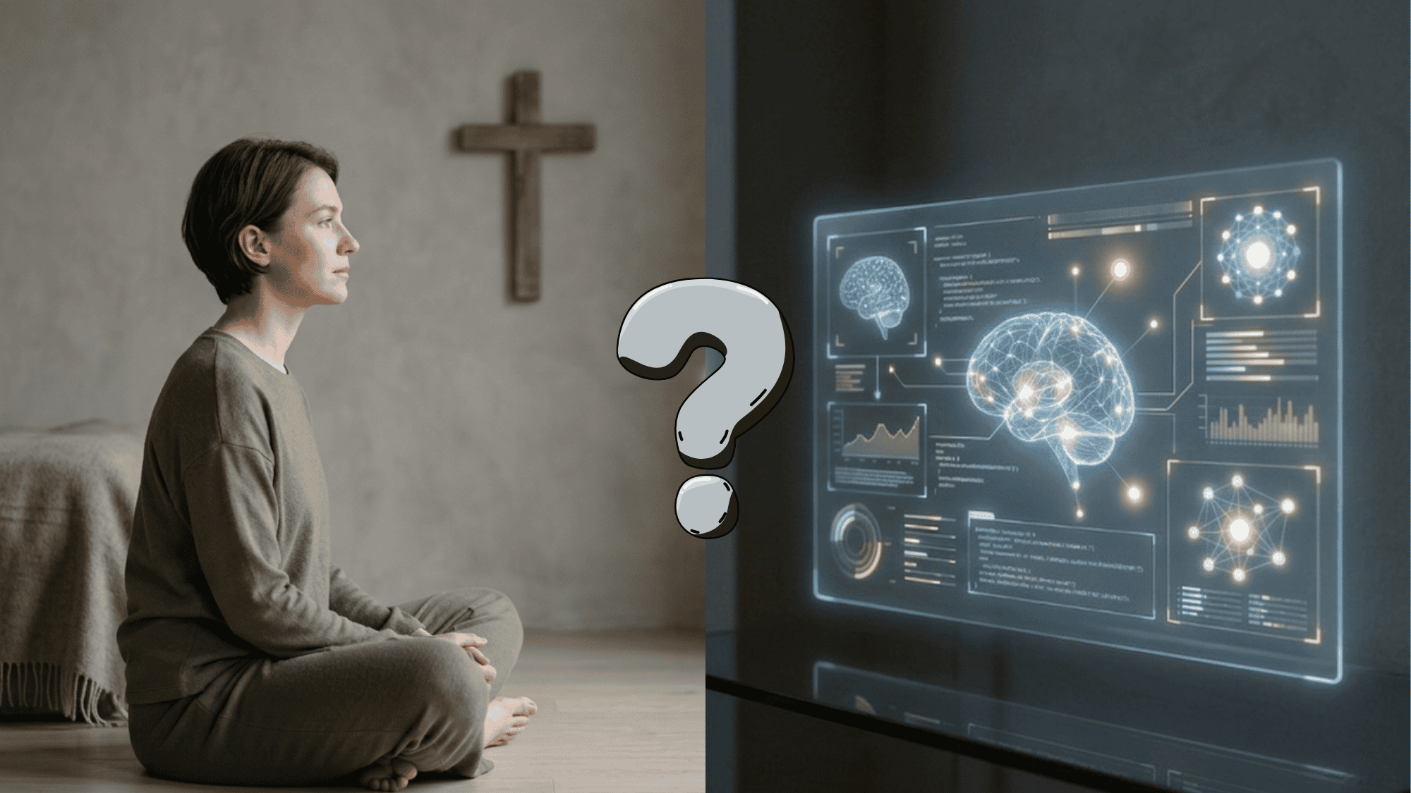 Person comparing AI and religious idea of Antichrist with a question mark